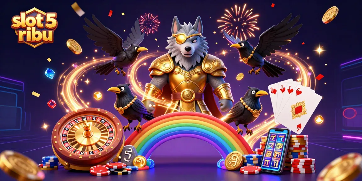 Experience the thrill of slot 5 ribu with 3D characters amidst casino excitement and vibrant elements.