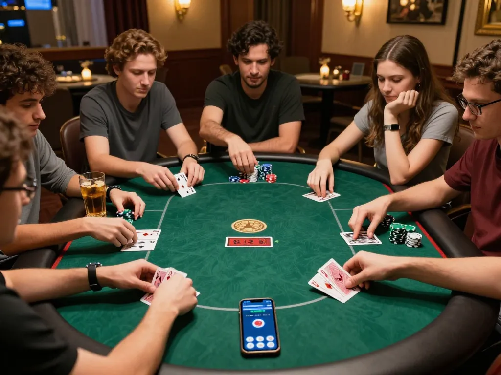 W88 players engaged in a lively poker game at a cozy home setting with mobile app displayed.