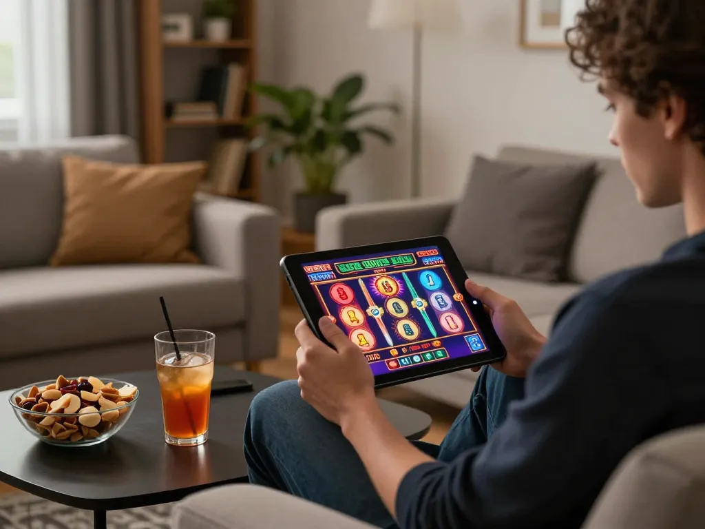 Engaging player enjoying g28 online slot game on tablet in stylish living room.