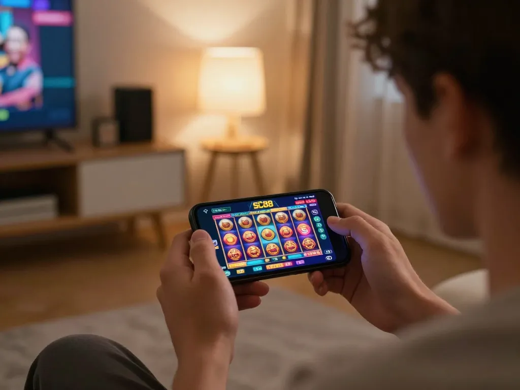 Engaging gameplay on SC88 casino app, featuring vibrant slot graphics on smartphone screen.