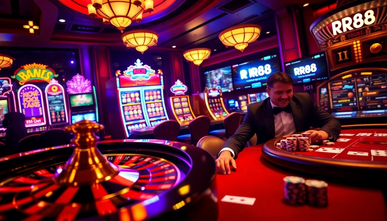 Experience the excitement of RR88 with a vivid casino scene featuring roulette and poker tables.