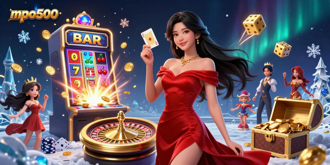 Experience excitement with mpo500 as an elegant Asian woman showcases casino splendor amidst vibrant game elements.