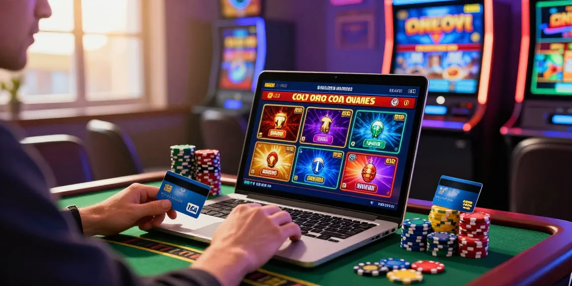 Engaging scene of a player exploring uk credit card casinos with colorful games and credit cards in an exciting online setup.