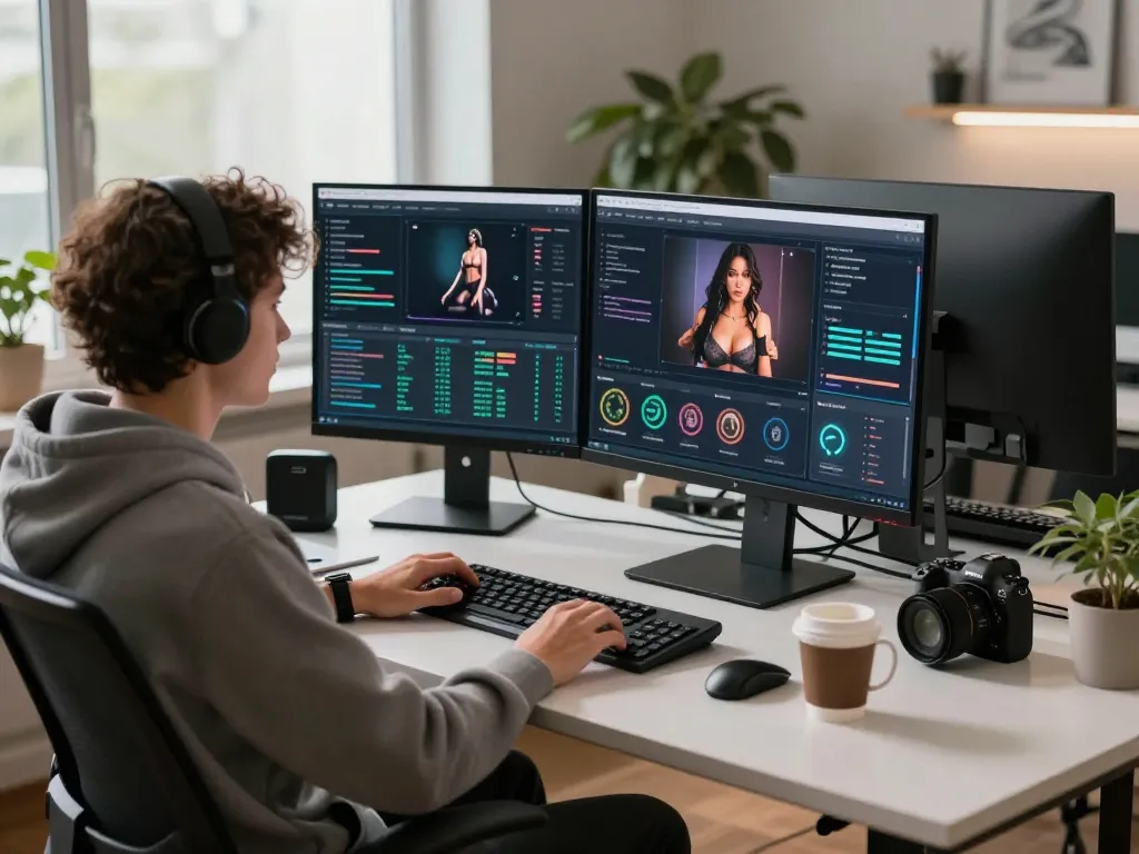 Developer exploring AI-generated sexual content safeguards in a modern workspace