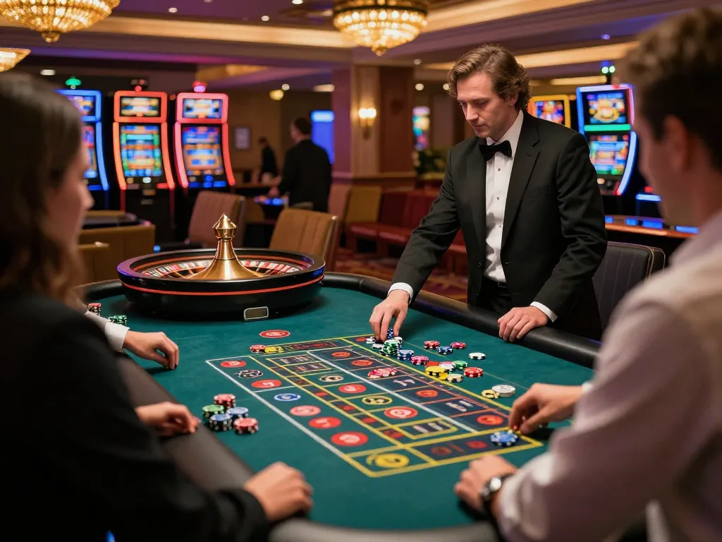 The excitement of players placing bets at a roulette table in a vibrant casino, highlighting sunwin gaming strategies.
