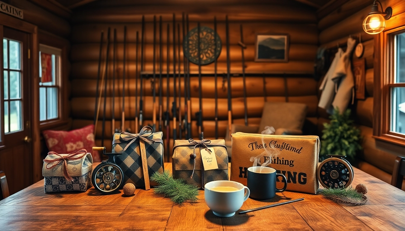 Surprise anglers with unique fly fishing gifts creatively displayed in a rustic cabin.