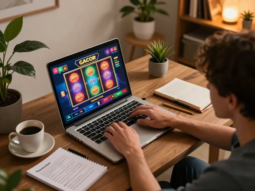 Engaging in slot gacor gameplay on a laptop in a cozy home office setting.