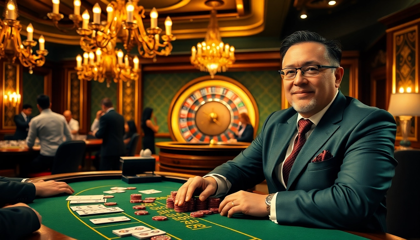 CEO DH88 overseeing a luxurious casino with vibrant gaming tables and excited players.