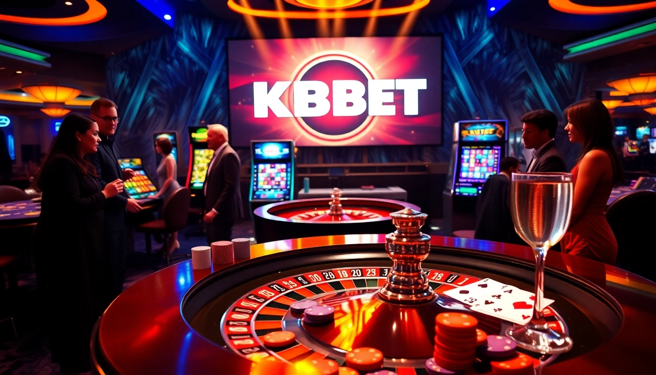 KBBET casino scene featuring a luxury roulette table with vibrant chips and engaged players.