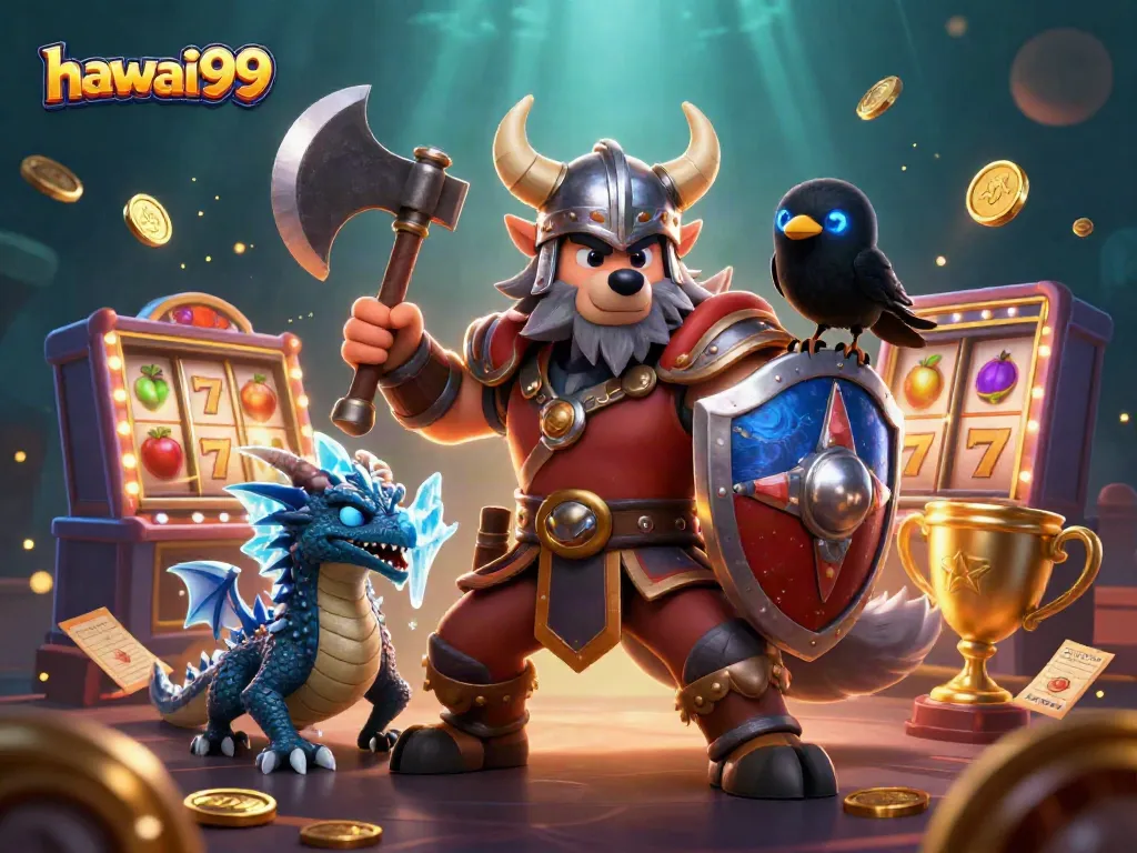 Experience thrilling slots with hawai99 in a dynamic 3D illustration showcasing epic characters and vibrant casino elements.