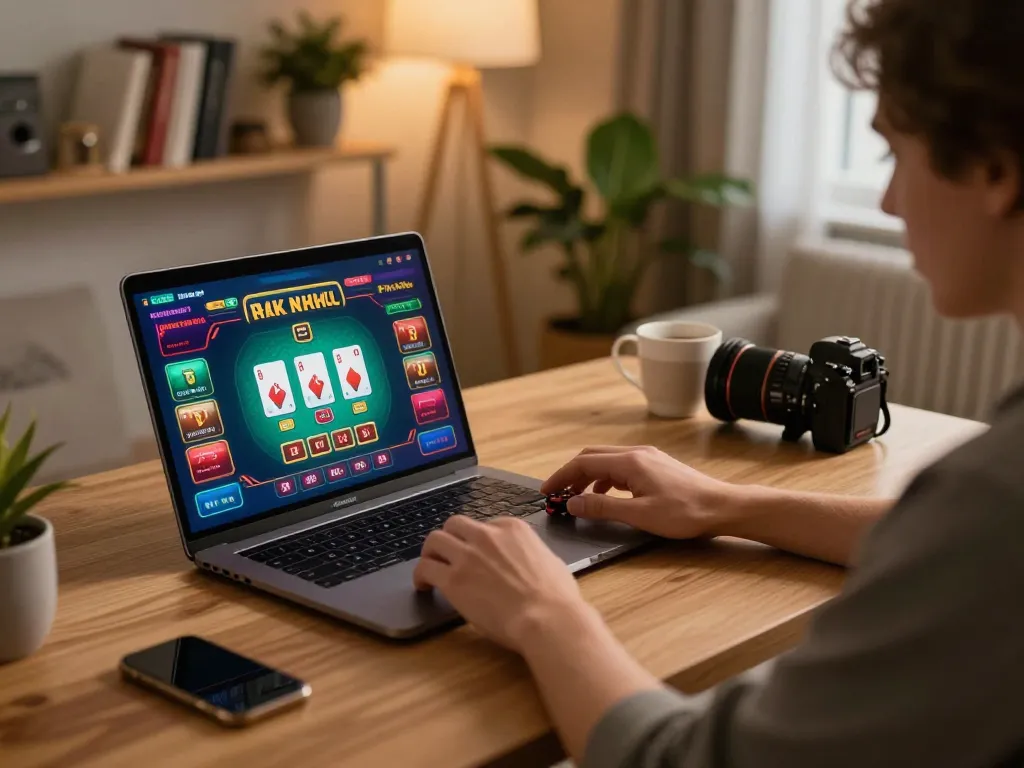 Engaged gamer exploring Top 10 nhà cái uy tín at home with vibrant online casino interface