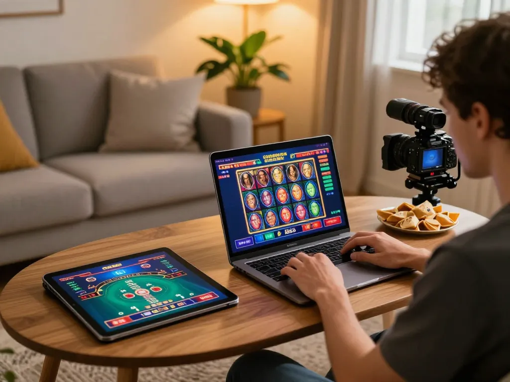 Engaging home gaming scene showing manclub player enjoying online casino with tablet and laptop