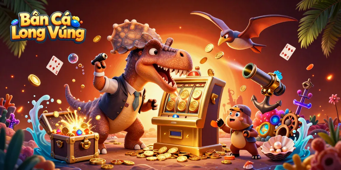 Bắn Cá Long Vương draws massive winnings as a cartoon dinosaur interacts with vibrant casino treasures.