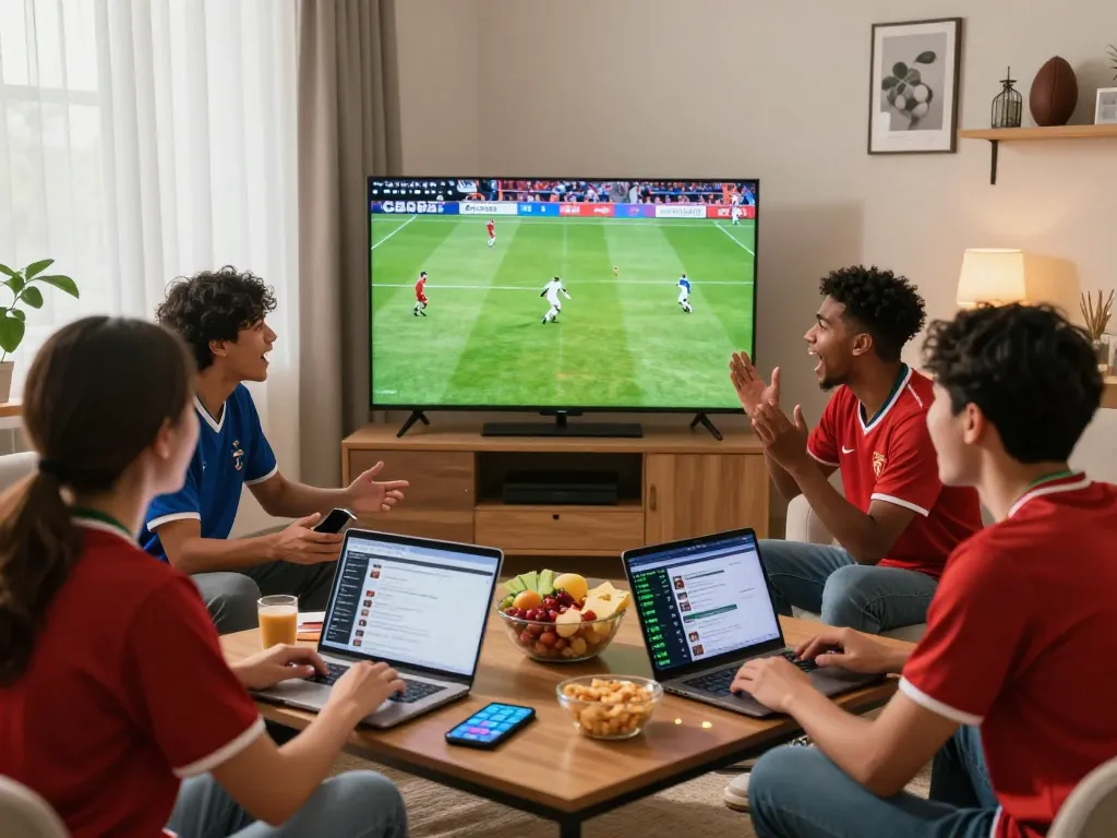 Friends enjoying a live football match at home, engaging with https://cakhiatv.design/ streaming service, showing excitement and camaraderie.