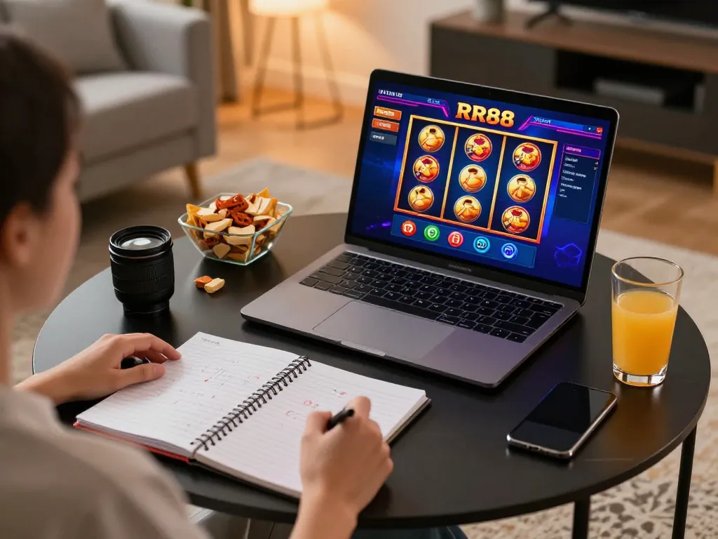 Engaging in RR88 online casino gaming with vibrant setup and strategic notes.