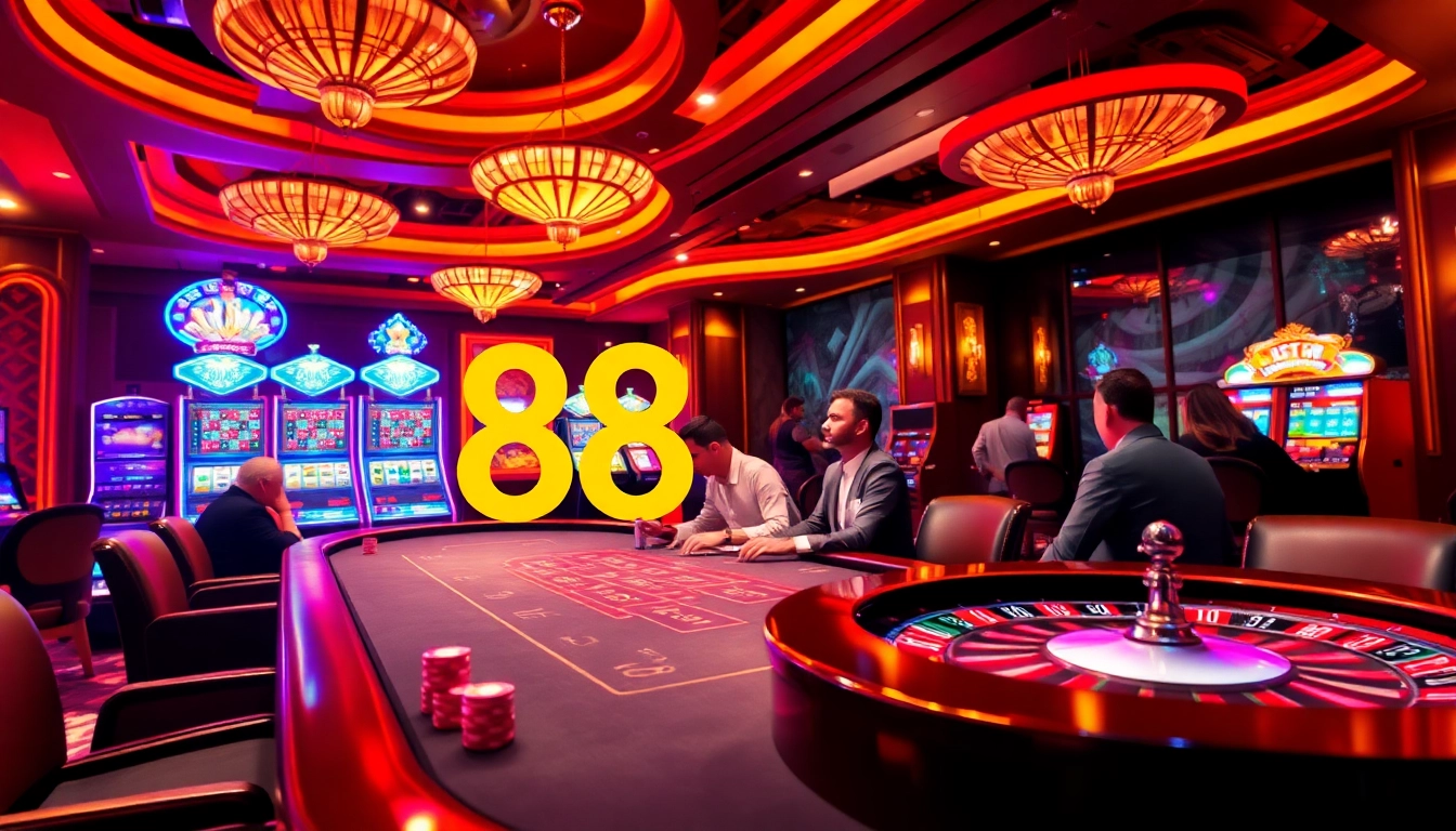 Escena de casino atractiva con jugadores disfrutando de la mesa de póker de 888jogo y las máquinas tragamonedas.