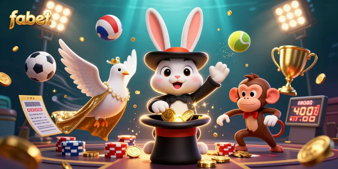 Experience the magic of fabet with a magician rabbit, dove, and monkey amidst exciting gaming elements.