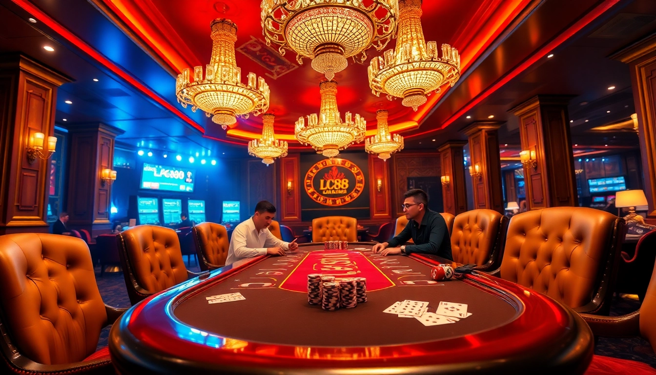 Experience high-stakes gameplay at LC88 in a luxurious casino setting with poker chips and cards.