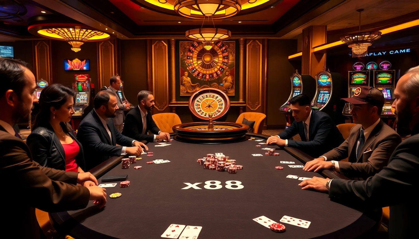 Engage with the thrilling xx88 poker table scene filled with high-stakes players and vibrant casino elements.
