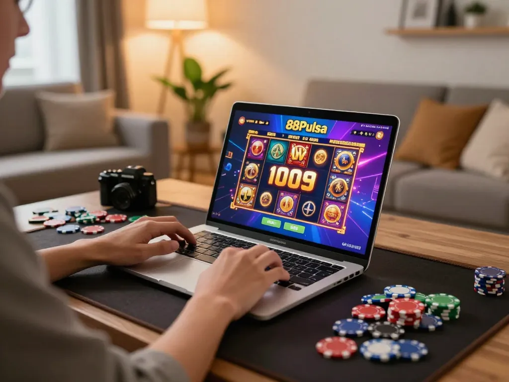 Rasakan permainan yang mendebarkan di 88Pulsa, menampilkan seorang pemain yang berinteraksi dengan slot online dari suasana rumah yang nyaman.
