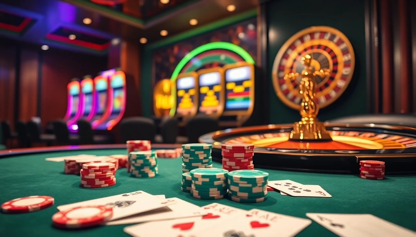 Jeu dans un casino en ligne luxueux avec des jetons de poker et une roulette en action.