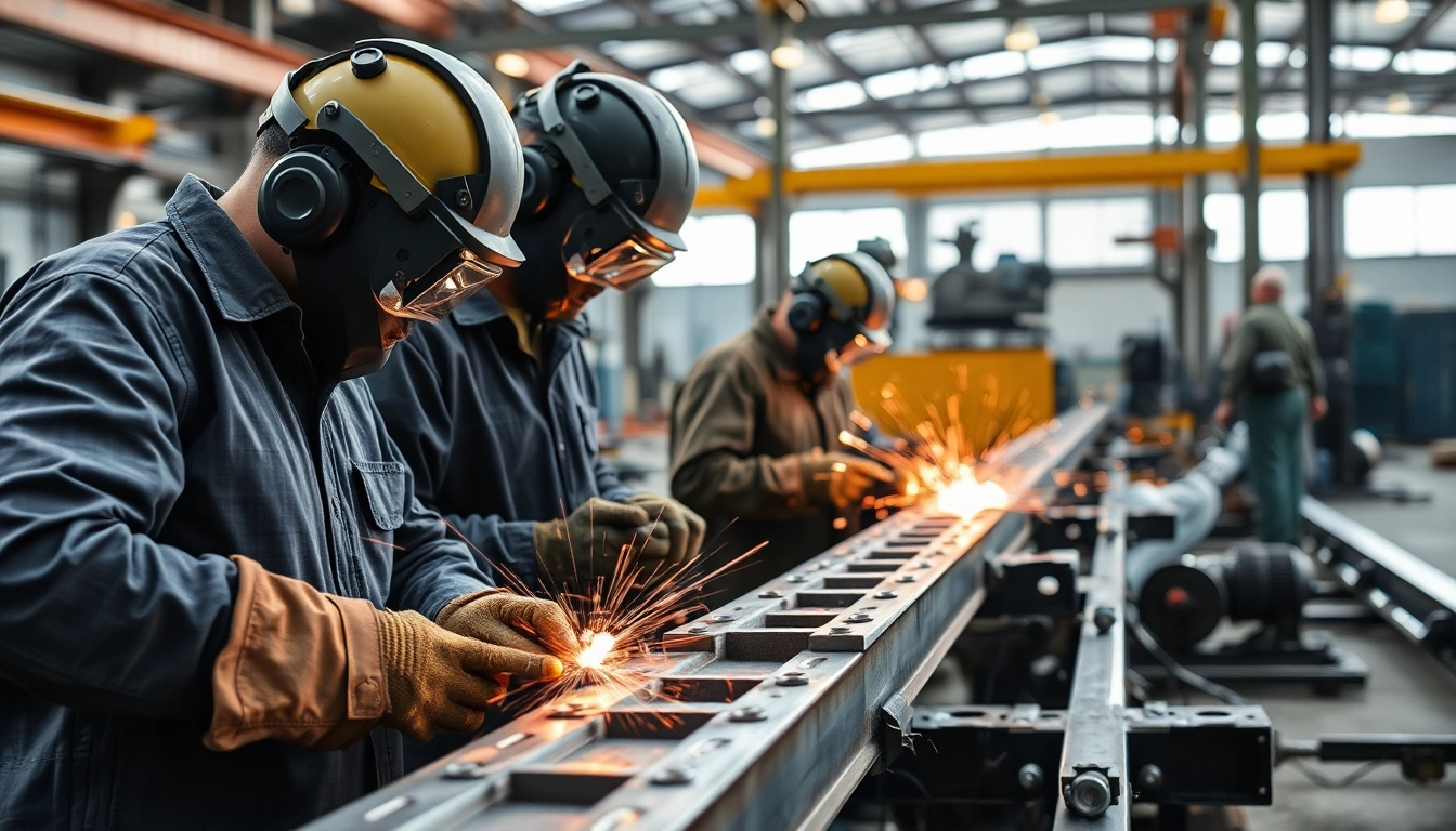 Capturing structural steel fabrication in a vibrant workshop with skilled craftsmen at work.