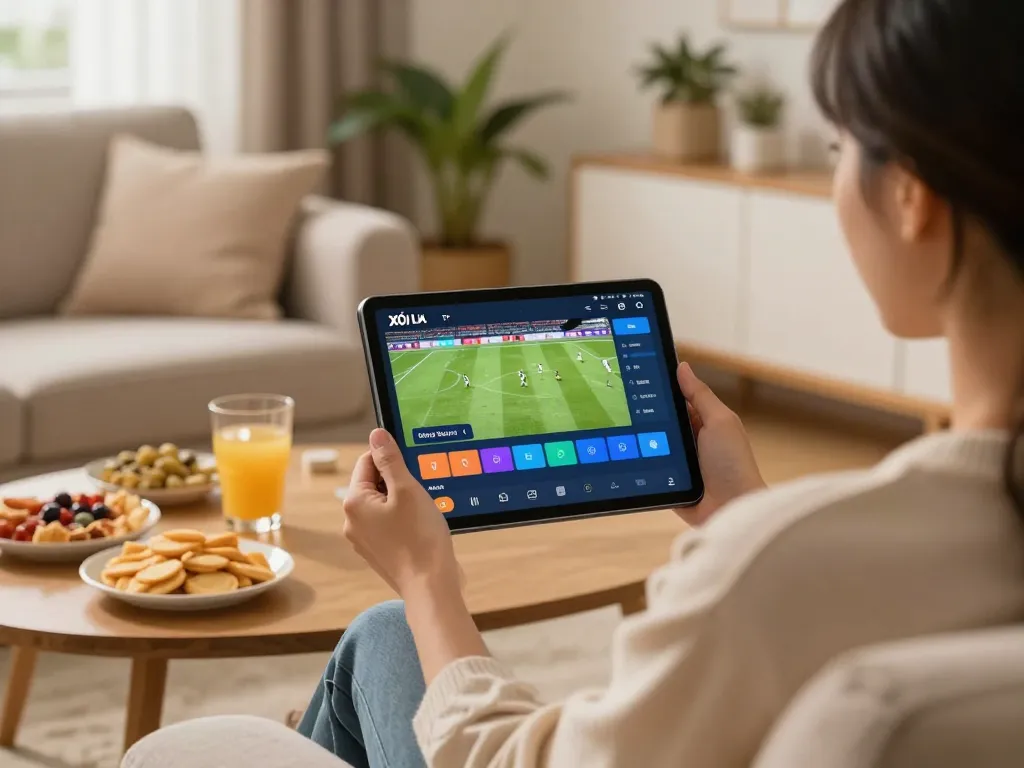 Xôi Lạc TV streaming service in a cozy home setting, showcasing live sports enjoyment.