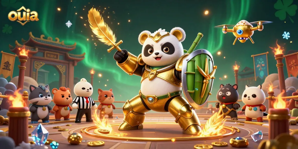 Experience thrilling gaming action with ouia's dynamic 3D casino illustration featuring a golden panda in a mech-suit.