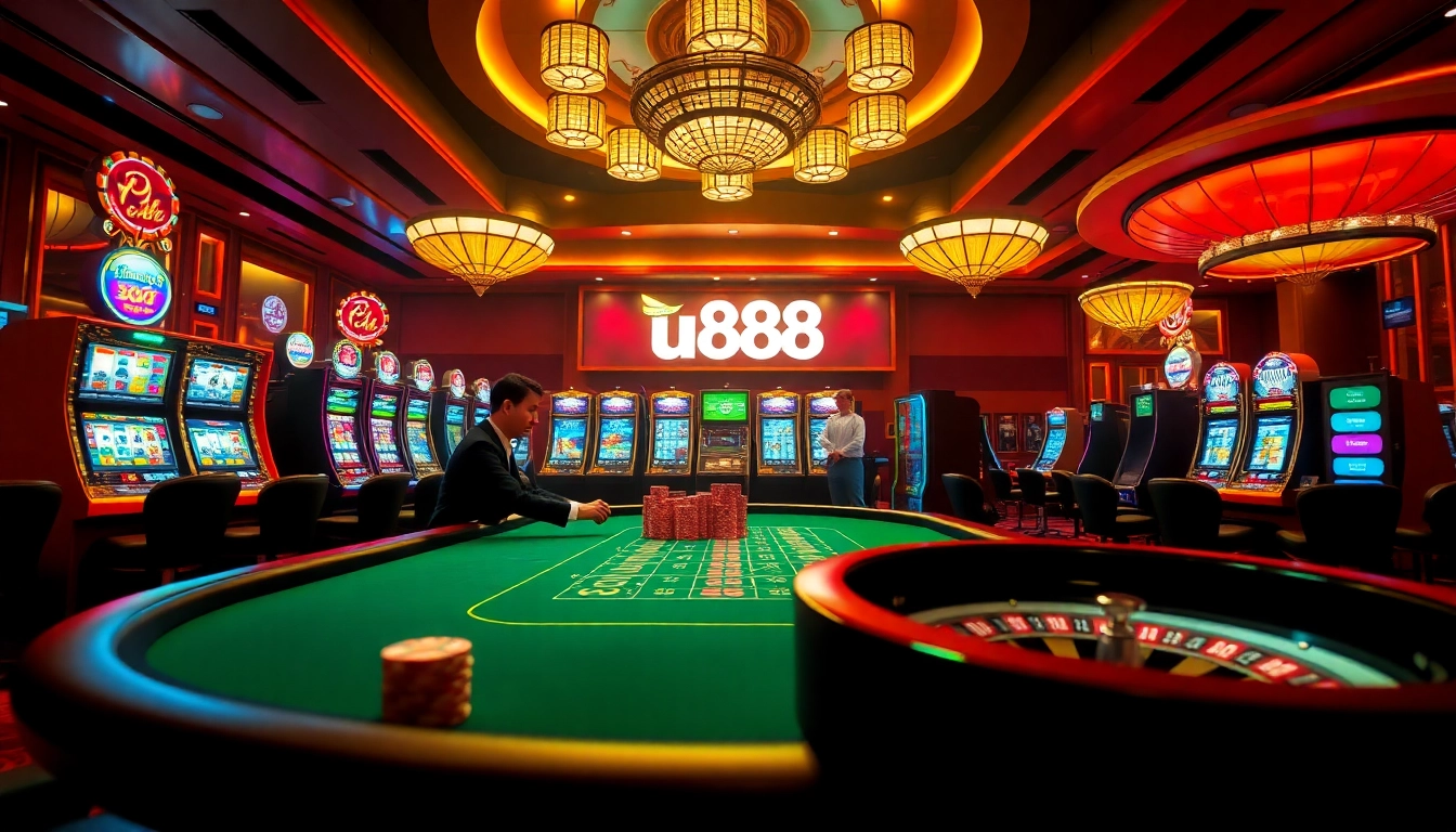 Play an exciting hand at U888's premium poker table in a glamorous casino setting.