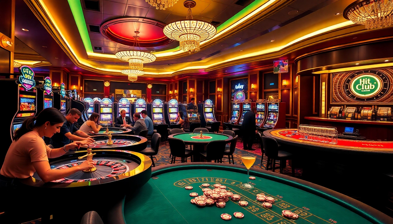 Hit Club casino scene highlighting enthusiastic gamblers at roulette and poker tables.