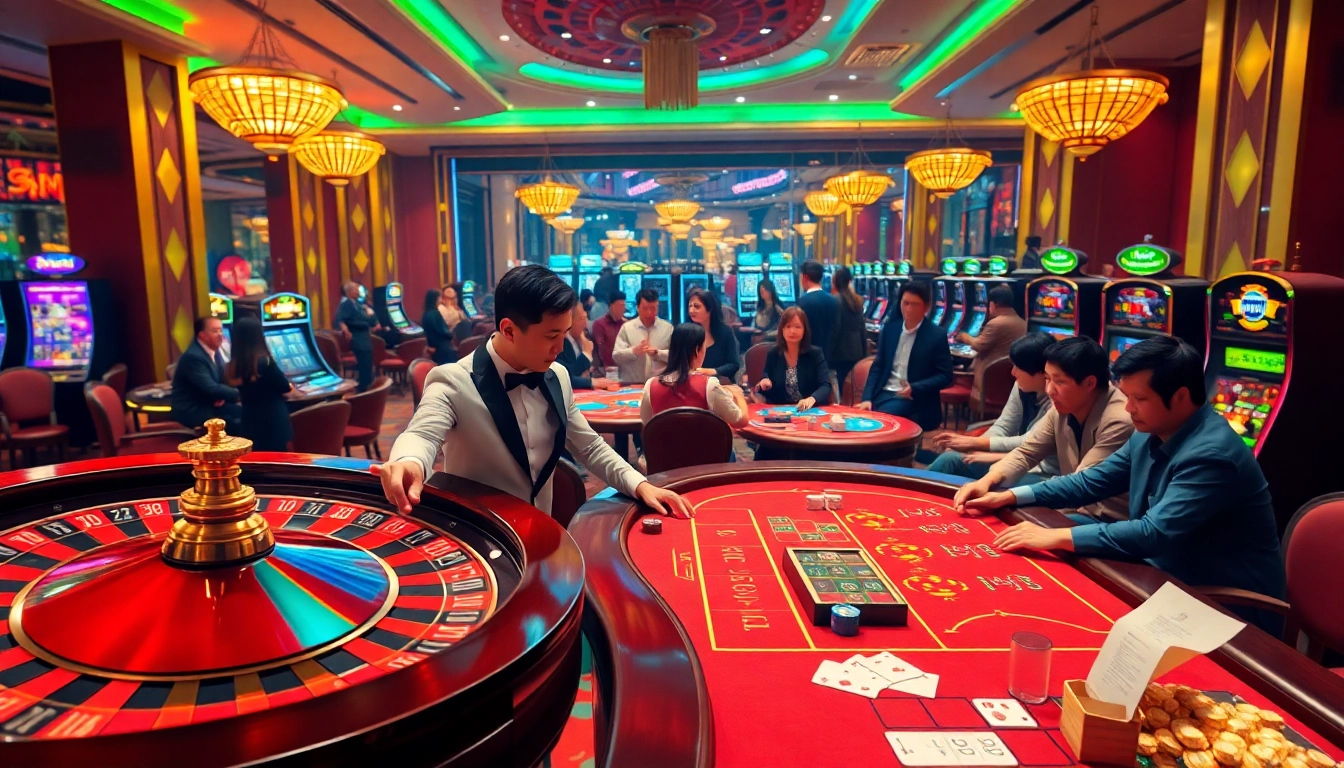 Engaging players at Nhà cái ZB368's luxurious casino with roulette, poker, and vibrant slot machines.