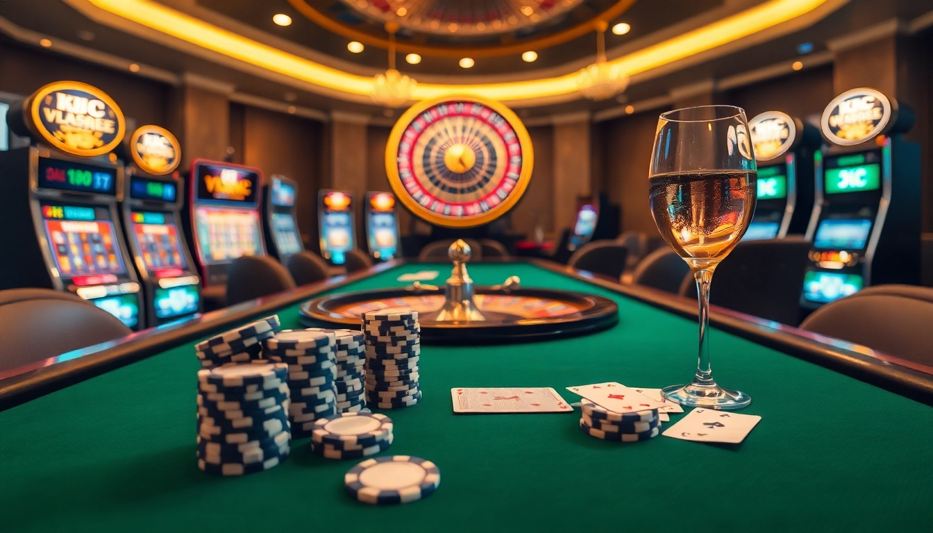 KJC casino scene featuring poker chips and a roulette wheel in an elegant atmosphere.