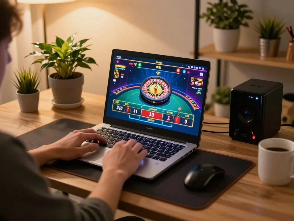 Player engaging in thrilling online casino experience with 8k8 on laptop in a cozy home setting