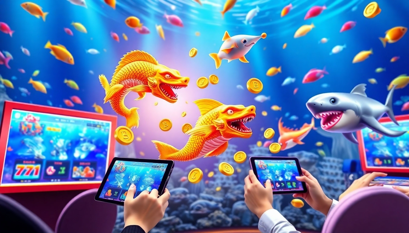 Bắn cá đổi thưởng gameplay featuring vibrant ocean graphics and enthusiastic players in a digital casino setting.