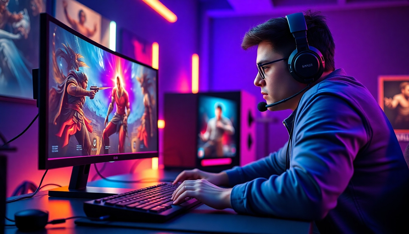 Engage with exciting gaming action at https://www.mas4games.com showcasing a professional gamer in a vibrant environment.