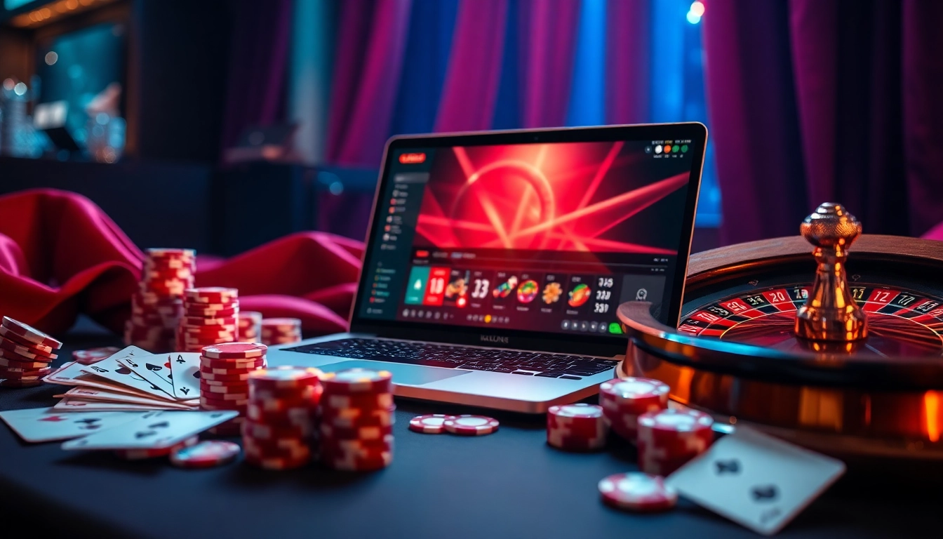Experience vibrant online gambling with kg88 on a sleek gaming interface surrounded by poker chips.