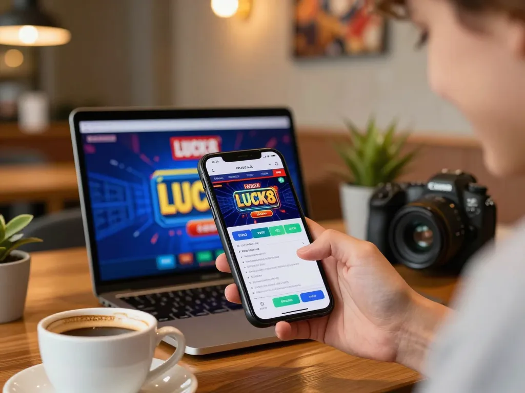 LUCK8 app displayed on smartphone during an engaging mobile gambling session in a cozy café setting.