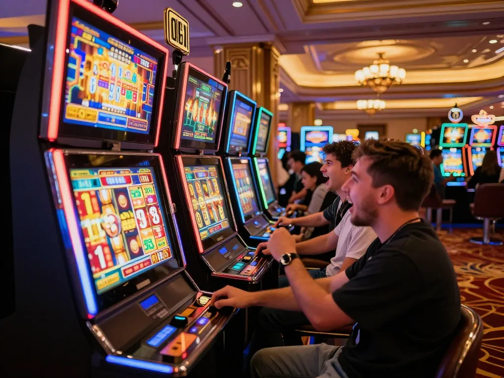 Excited player wins at slot gacor gampang menang machines in a lively casino atmosphere