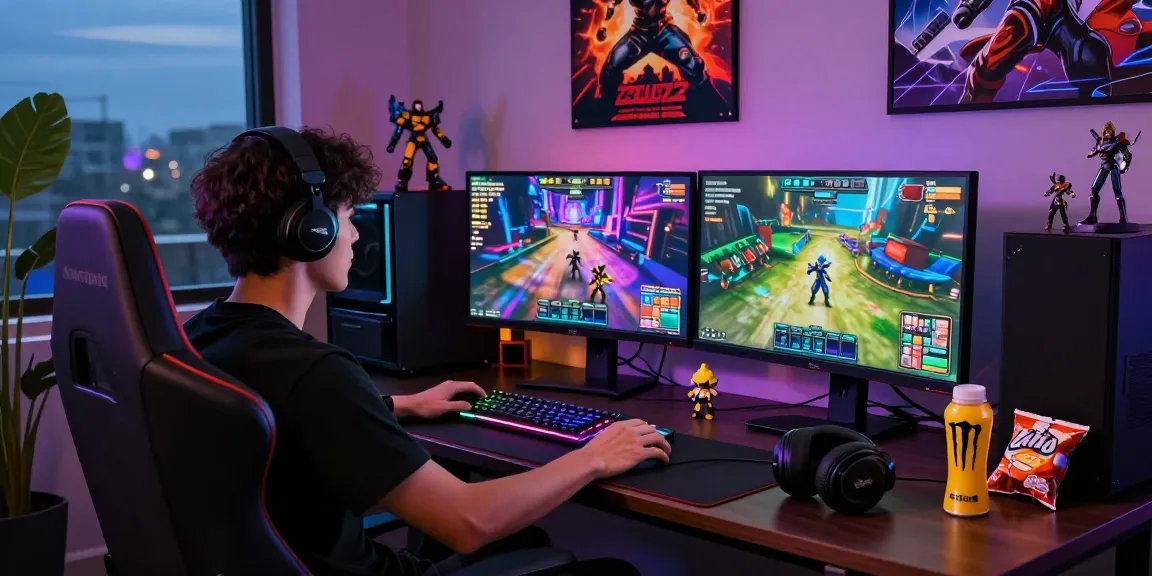 Immersive ZEUS222 gaming setup with dual monitors displaying vibrant gameplay, dynamic atmosphere.