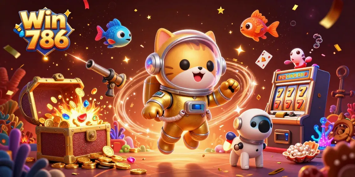 Win 786 showcases a vibrant 3D cat astronaut and robot dog amidst gold coins and slot reels.