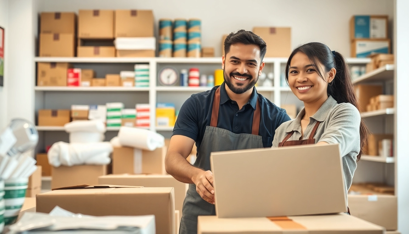 Efficient packing shipping services showcasing organized workspace and friendly staff.