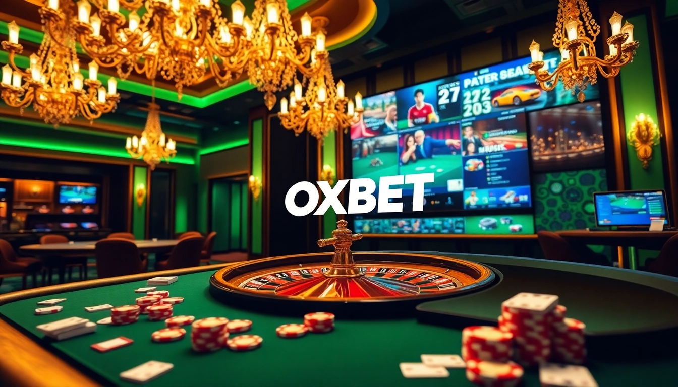 OXBET casino scene featuring vibrant roulette wheel, poker table, and live betting screens.
