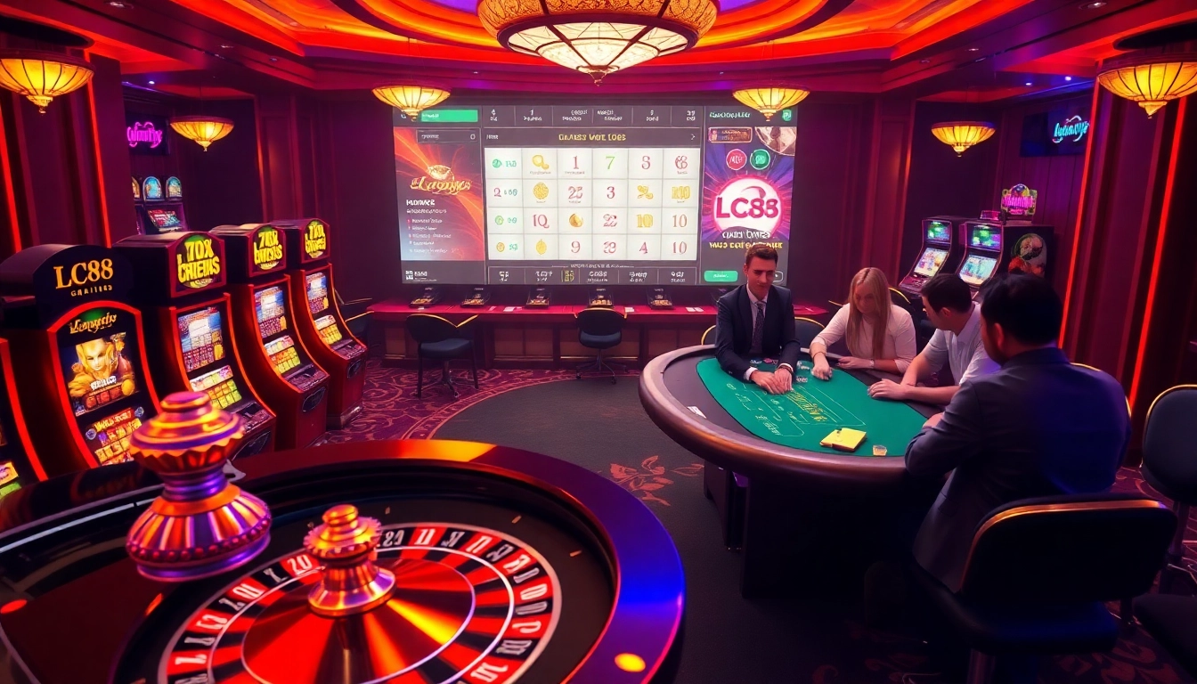 Experience thrilling online gambling at LC88 with vibrant slot machines and a live roulette table.