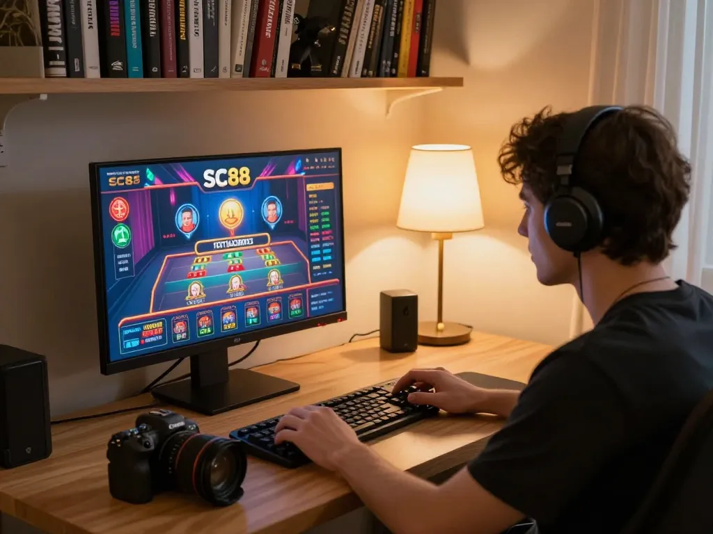Player analyzing betting strategies at an online SC88 gaming station, enhancing their gambling experience.