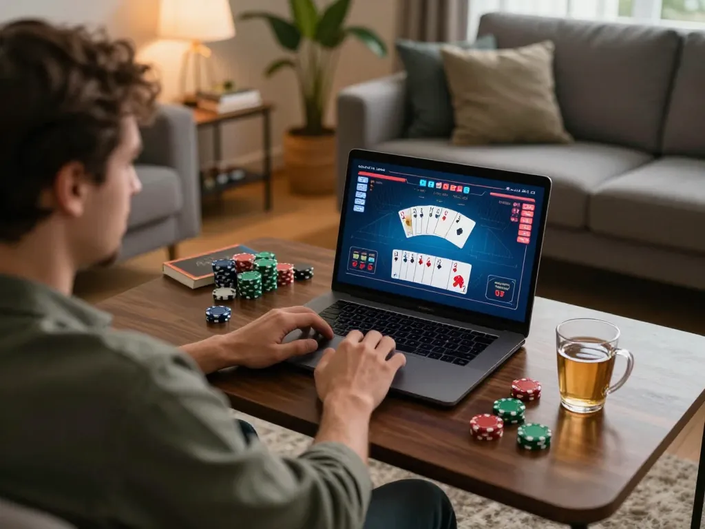 Engaging in a hitclub9 online poker game at home, showcasing strategic gameplay.