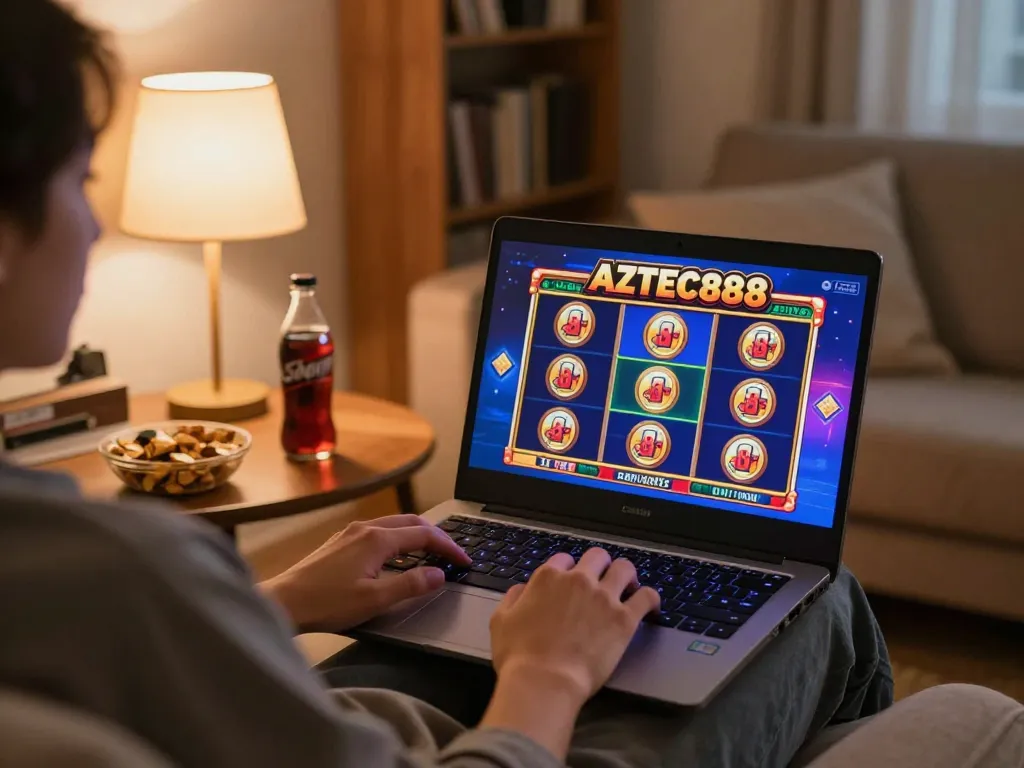 Player engaged in gaming on AZTEC888, showcasing vibrant slot graphics with a cozy home atmosphere.
