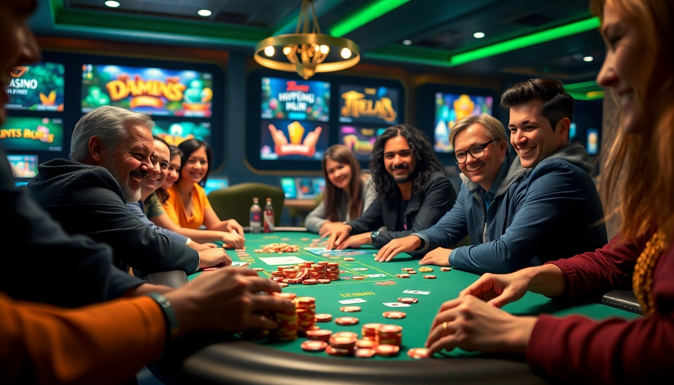 Online casino spielen action at a lively gaming table with diverse players engaged.