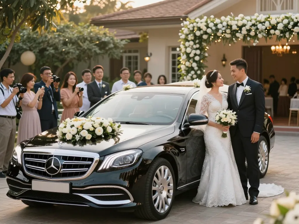 Thuê một chiếc Mercedes sang trọng cho ngày cưới của bạn, với một cặp đôi thanh lịch bên chiếc xe được trang trí đẹp mắt.