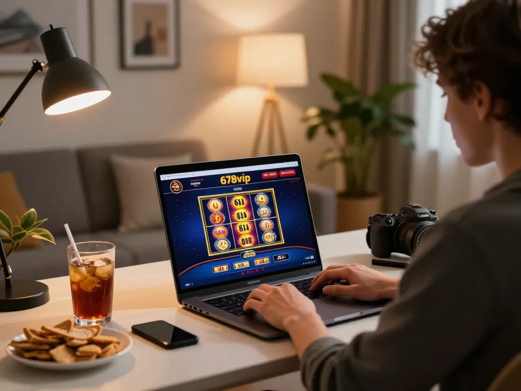 Player enjoying online gaming experience with 678vip on a laptop in a cozy home setup.