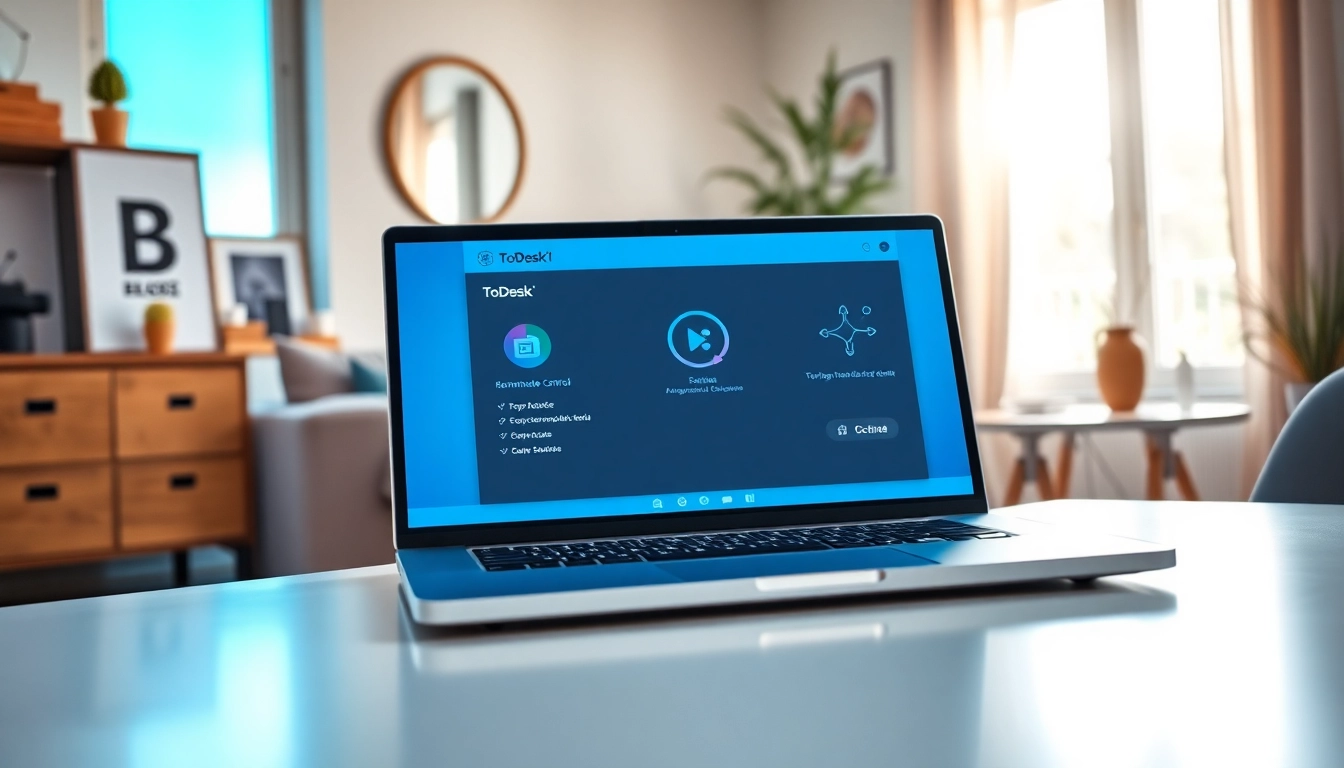Using ToDesk远程控制 for remote access on a modern laptop in a stylish home office.